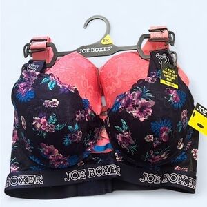 Joe Boxer 2-Pack Lace Push-Up Bras 38C NWT Floral & Coral